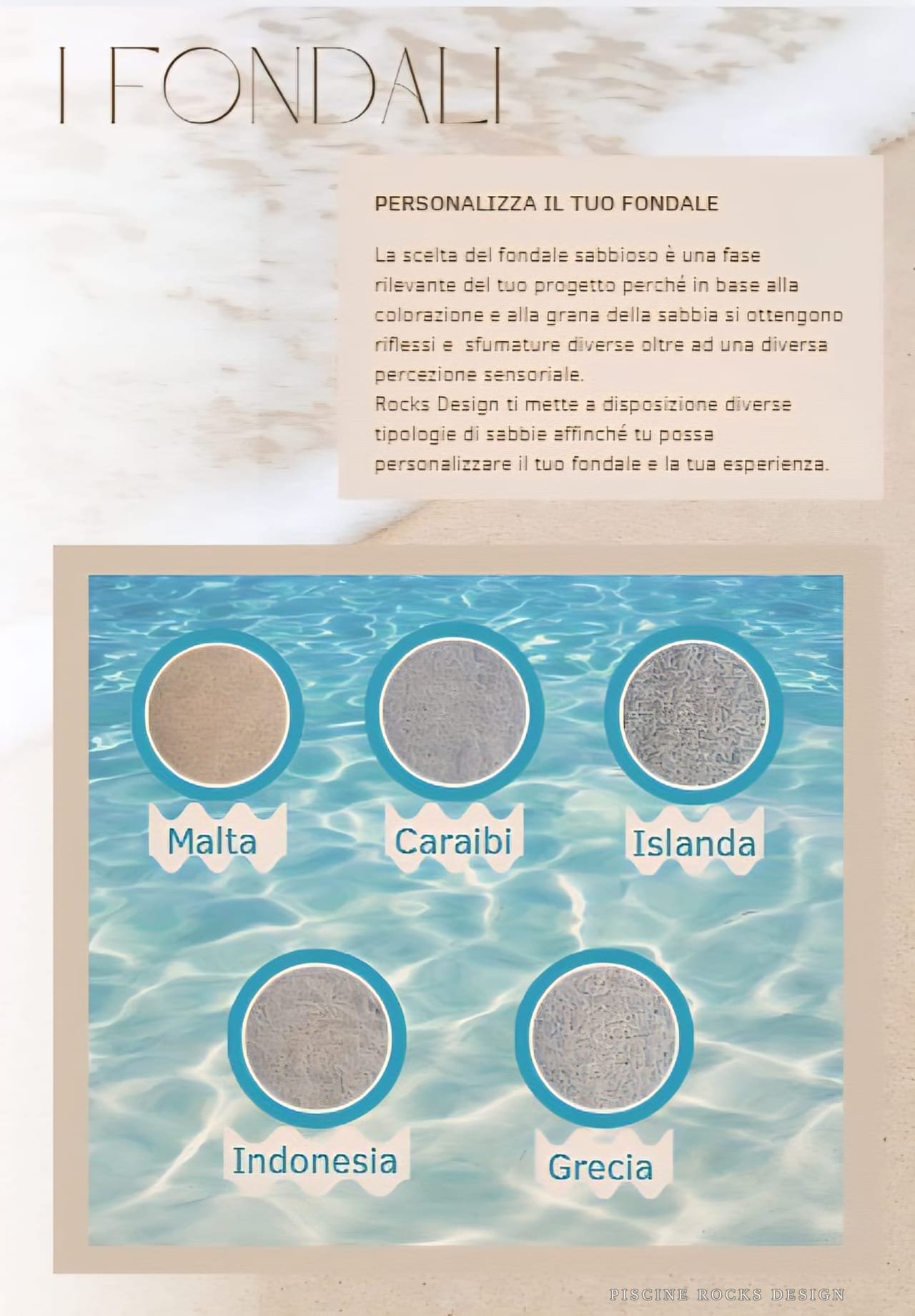 Tavola Piscine Rocks Design con le cinque sabbie per il fondale: Malta, Caraibi, Islanda, Indonesia e Grecia